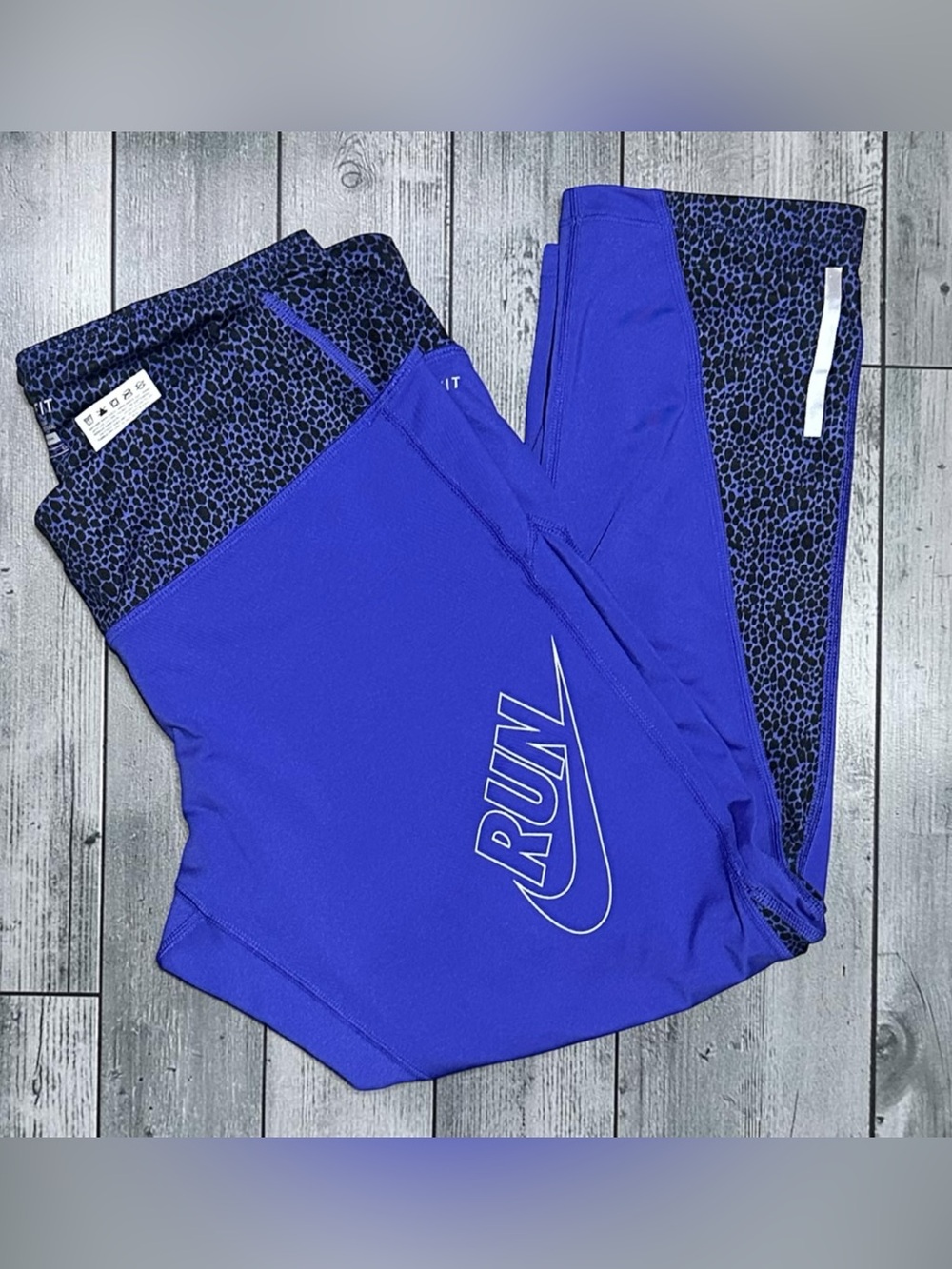 Nike Dri-FIT All Night Racer Crop Running Leggings Blue Leopard L